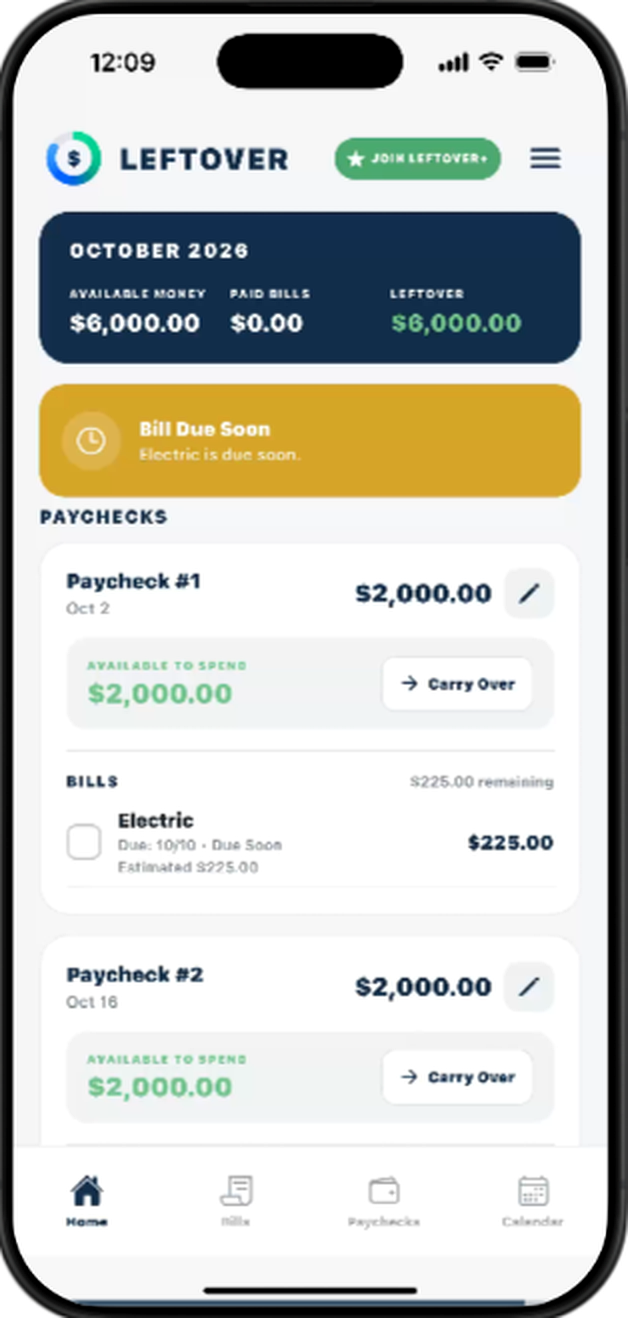 Leftover app home screen showing paychecks, upcoming bills, and money leftover